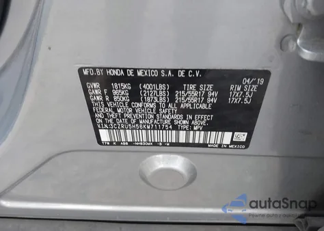 2019 Honda Hr-V Ex z USA, uszkodzony, nr VIN 3CZRU5H56KM711754